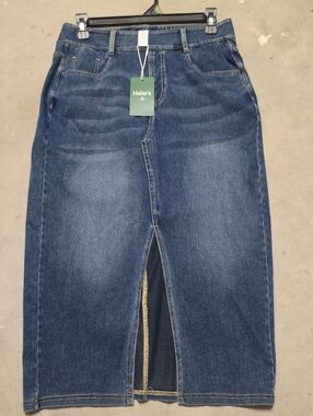 NWT HALARA Blue Denim Midi Skirt with Front Slit